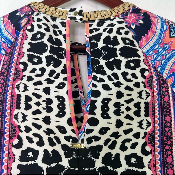 Bebe Blouse Formal Necklace Colorful Keyhole Gold Date Evening Printed XS Top - Picture 7 of 9
